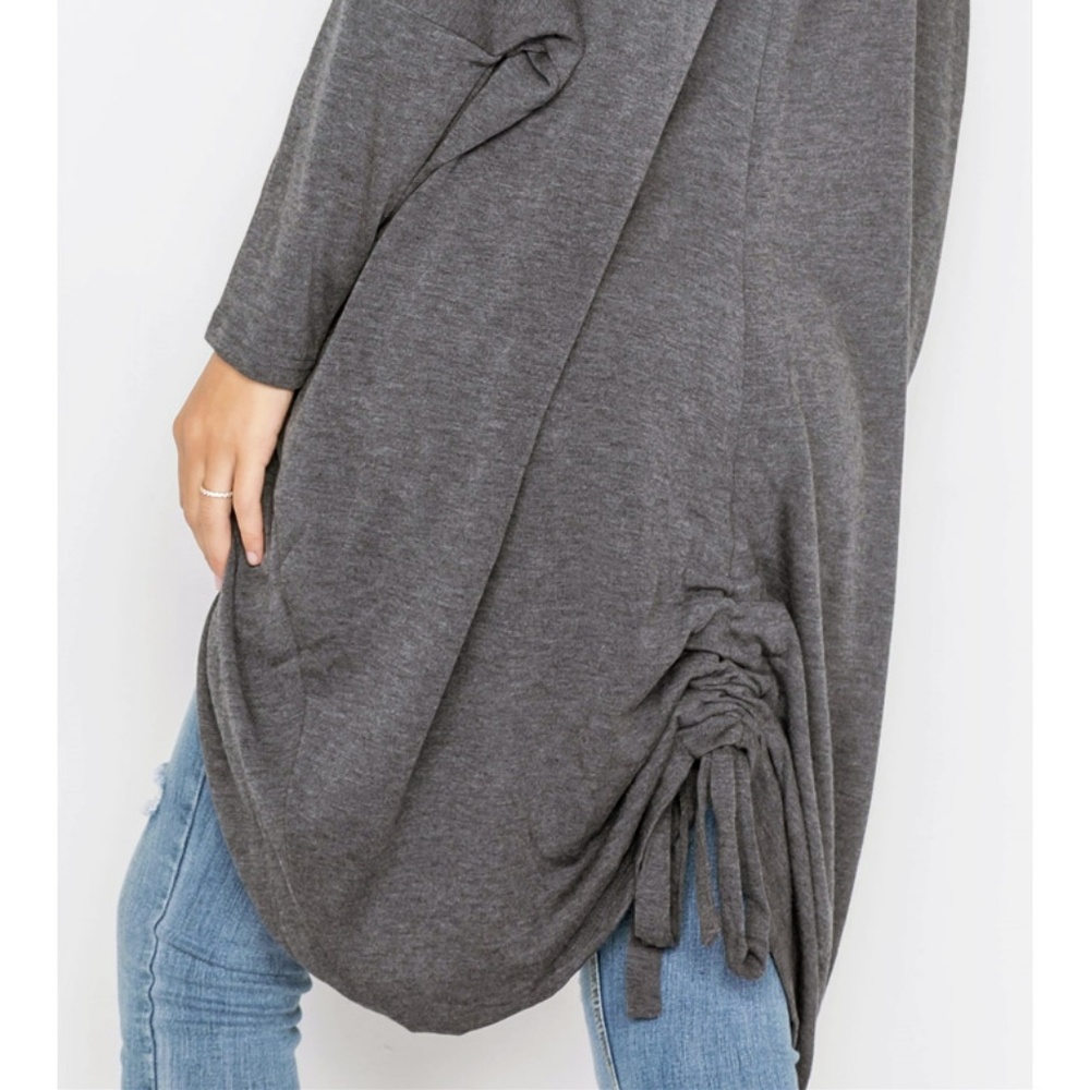 Gray Long Gathered Back Open Circle Hem Cardigan - Picture 5 of 8